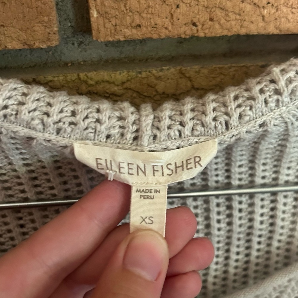 Eileen Fisher Beige Gray Hooded Open Knit Organic Cotton Hooded Sweater Size XS - Picture 2 of 5
